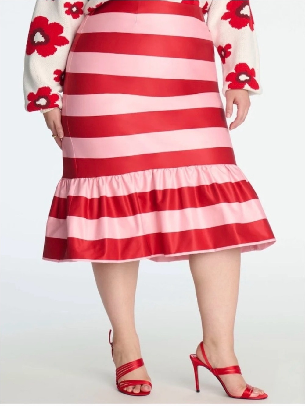 Eloquii x Kate Spade Red & Pink Striped Ruffle-Hem Midi Skirt